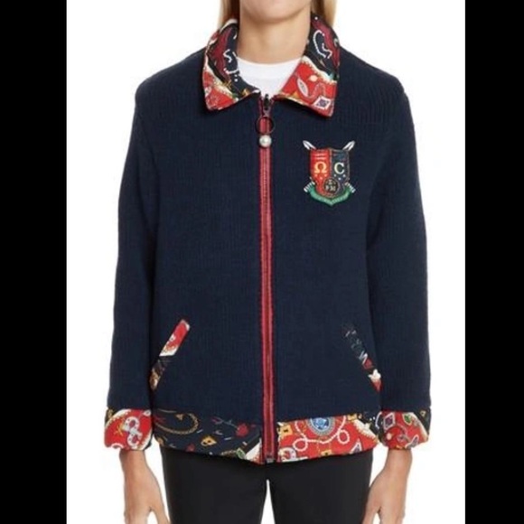 Opening Ceremony Silk Wool Collegiate Sorority Reversible Blue Knit Jacket 6 NWT